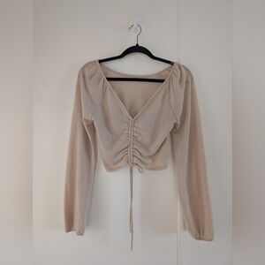 Cream Long Sleeve Crop Blouse with Ruched Tie Front